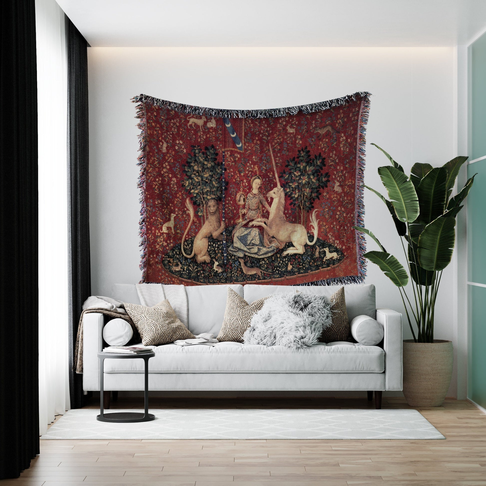 Lady and Unicorn Woven Cotton Throw Blanket – Medieval Tapestry