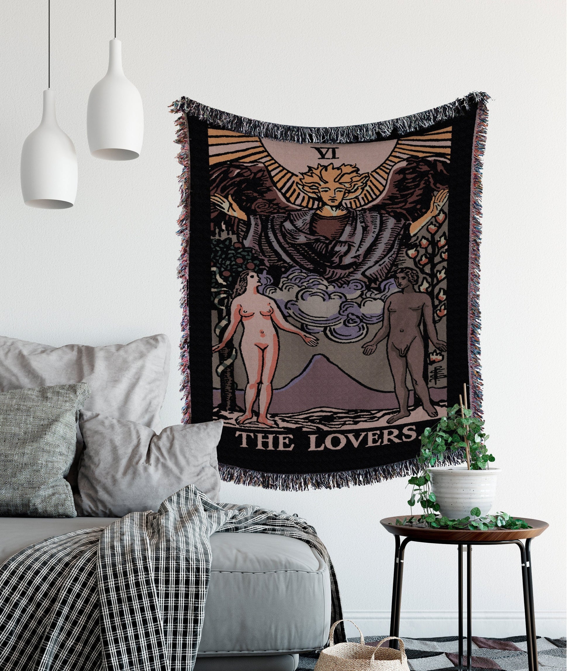 The Lovers Tarot Card Woven Blanket – Neutral Tapestry