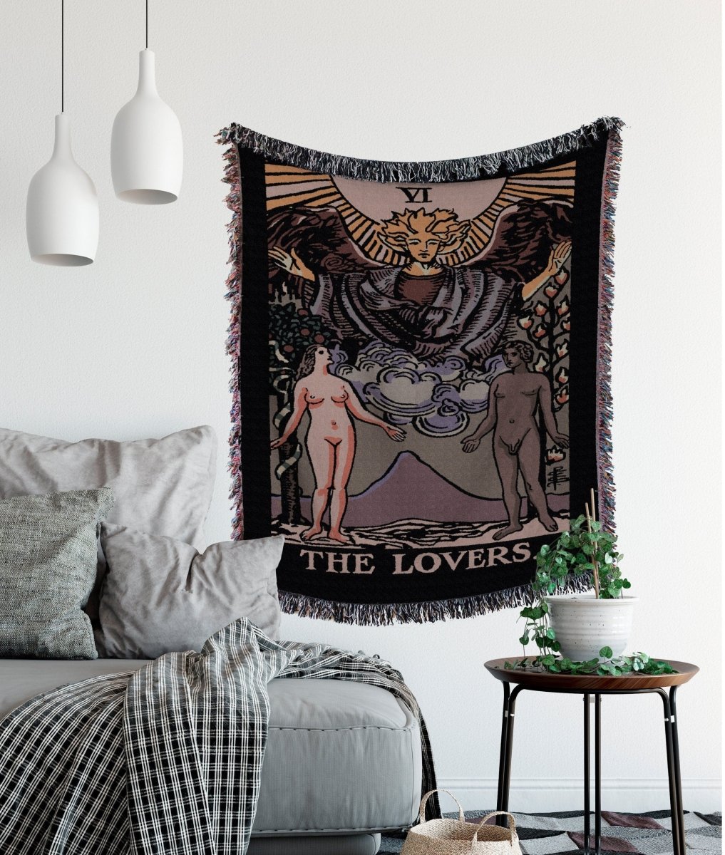 The Lovers Tarot Card Woven Blanket – Neutral Tapestry