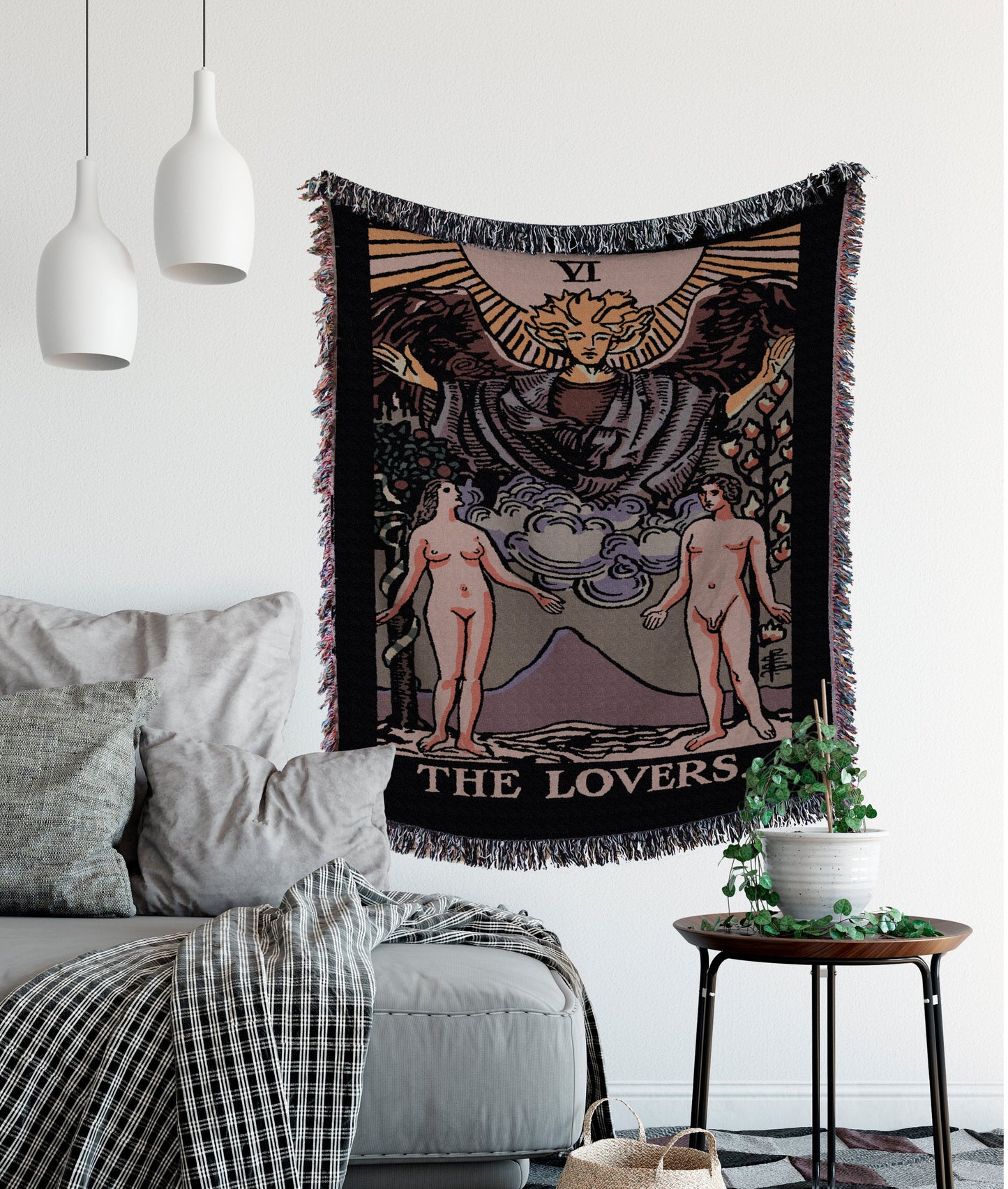 The Lovers Tarot Card Woven Blanket – Neutral Tapestry