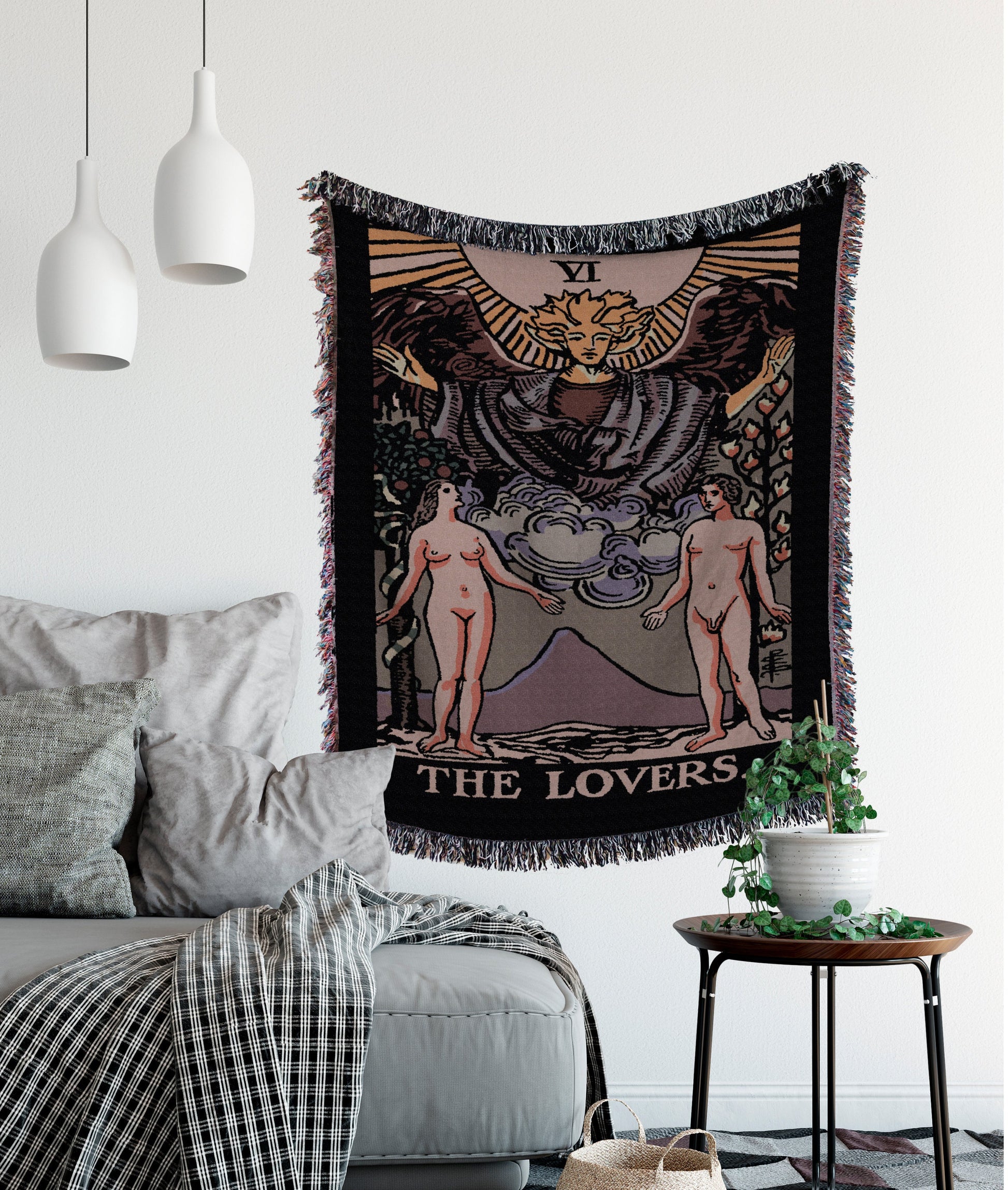 The Lovers Tarot Card Woven Blanket – Neutral Tapestry