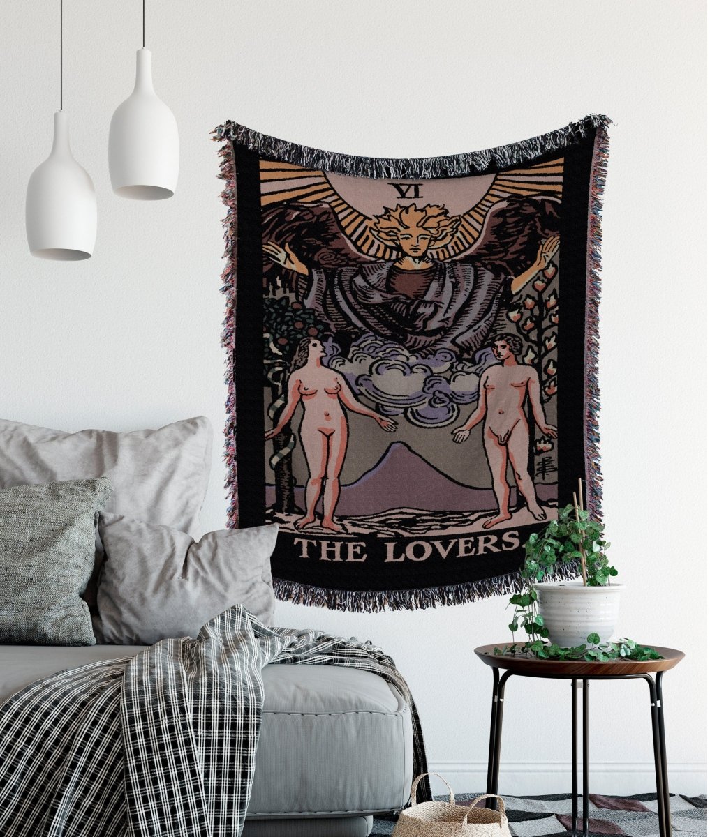 The Lovers Tarot Card Woven Blanket – Neutral Tapestry