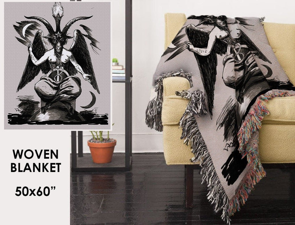 Baphomet Woven Throw Blanket - Beige Satanic Goat Tapestry