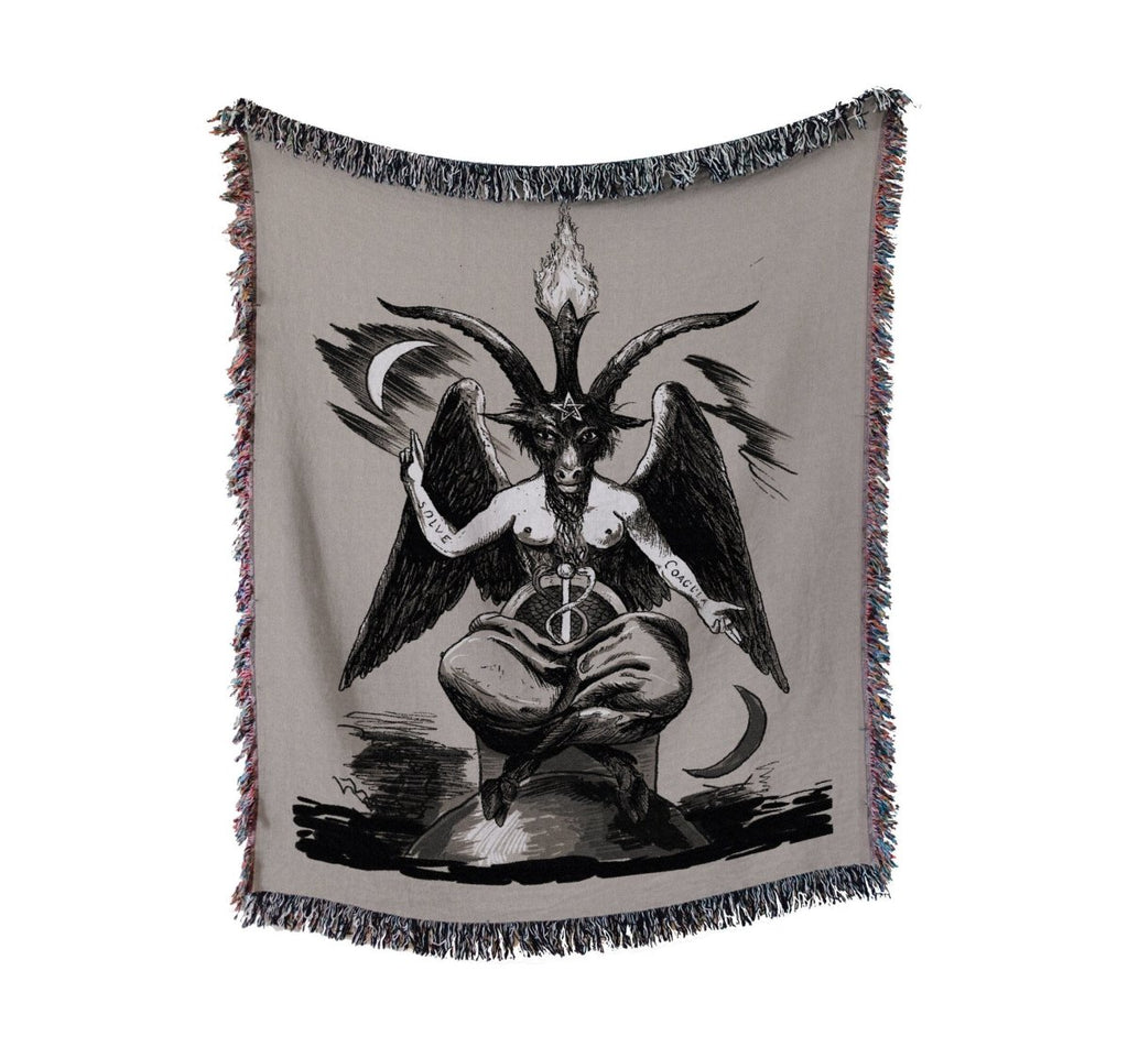 Baphomet Woven Throw Blanket - Beige Satanic Goat Tapestry