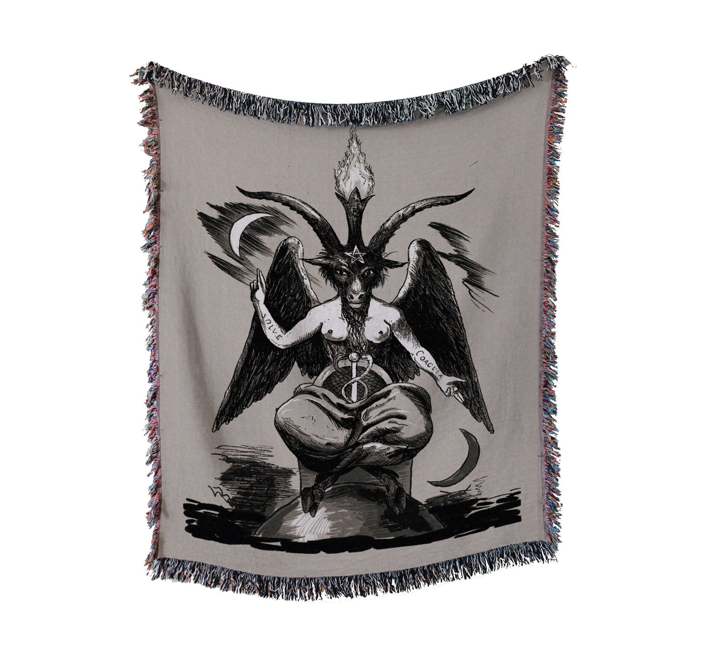 Baphomet Woven Throw Blanket - Beige Satanic Goat Tapestry