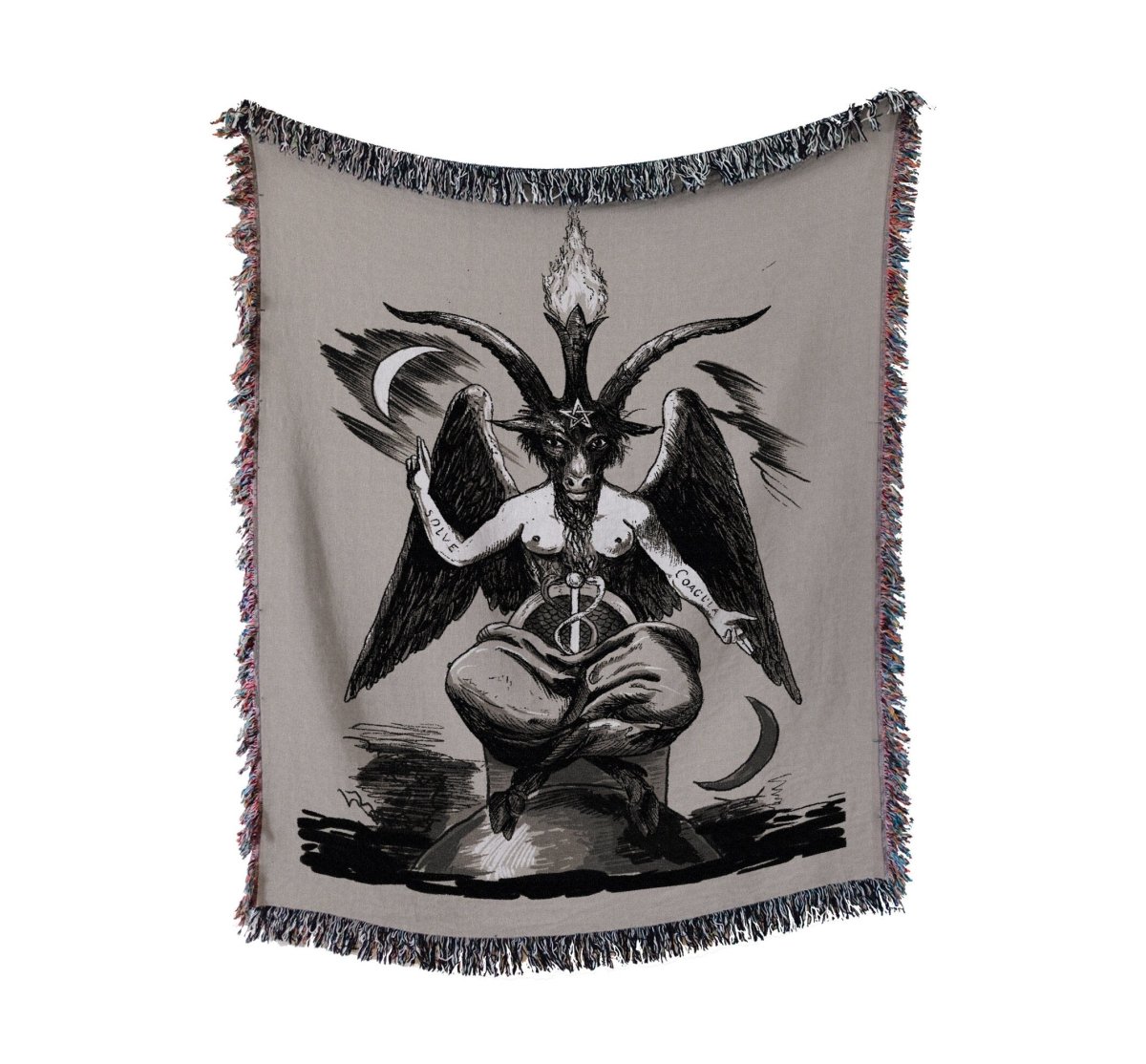 Baphomet Woven Throw Blanket - Beige Satanic Goat Tapestry