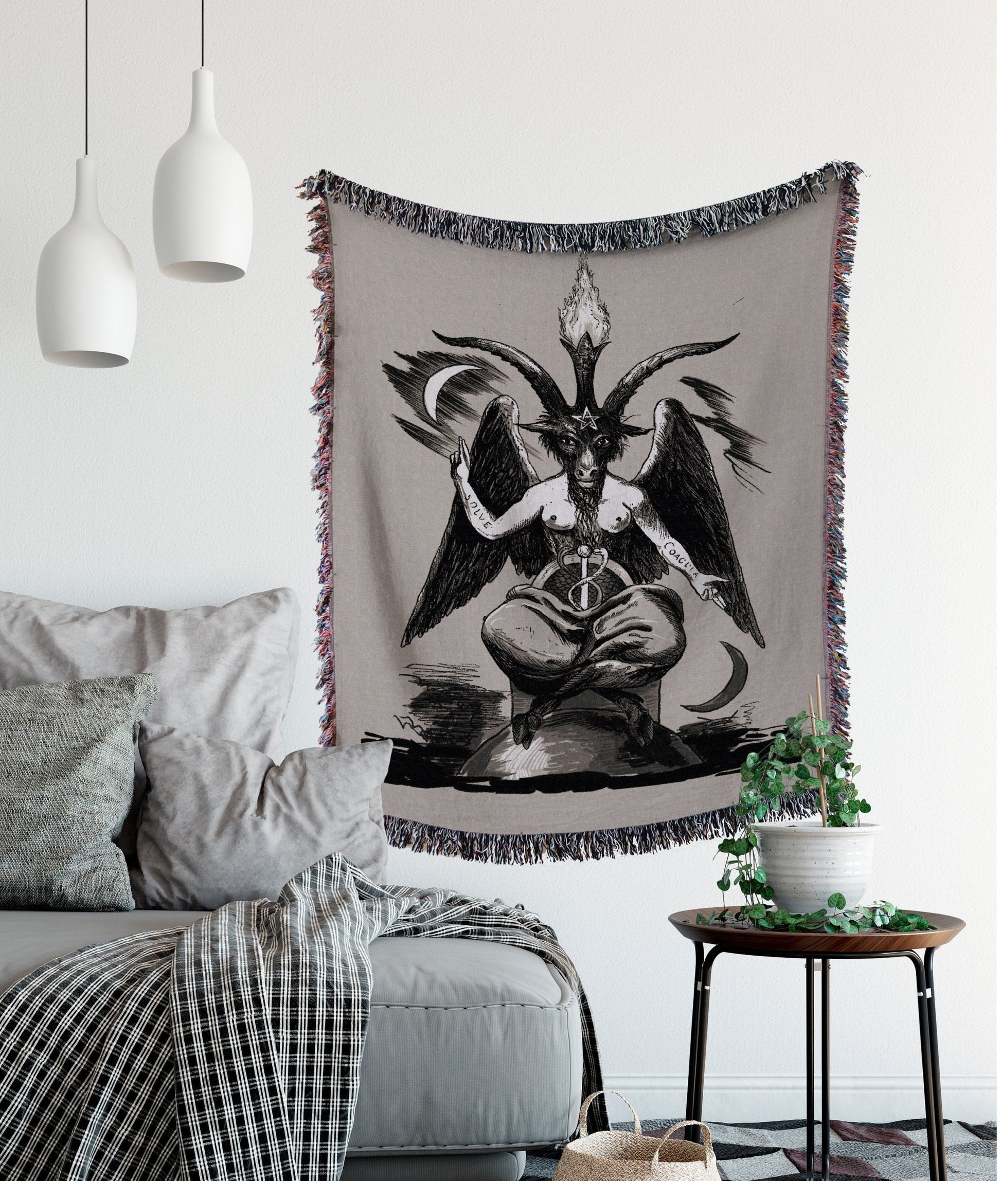 Baphomet Woven Throw Blanket - Beige Satanic Goat Tapestry
