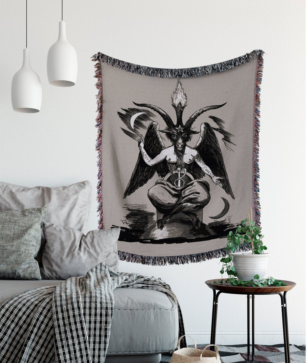 Baphomet Woven Throw Blanket - Beige Satanic Goat Tapestry