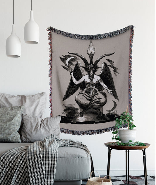 Baphomet Woven Throw Blanket - Beige Satanic Goat Tapestry