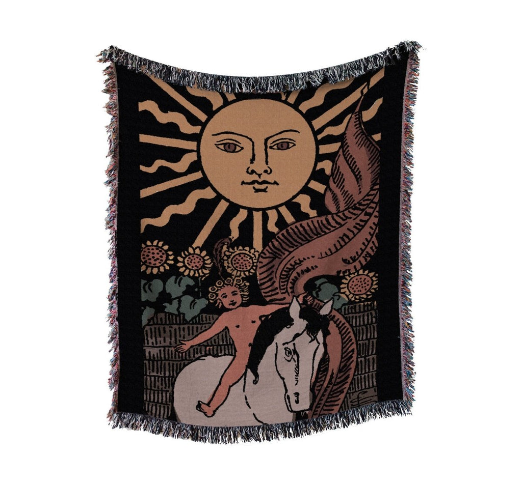Woven Blanket - The Sun Tarot Card - Dark Colors Rider Waite Deck - Cotton Throw