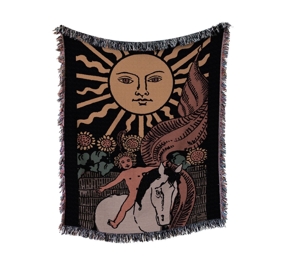 Woven Blanket - The Sun Tarot Card - Dark Colors Rider Waite Deck - Cotton Throw