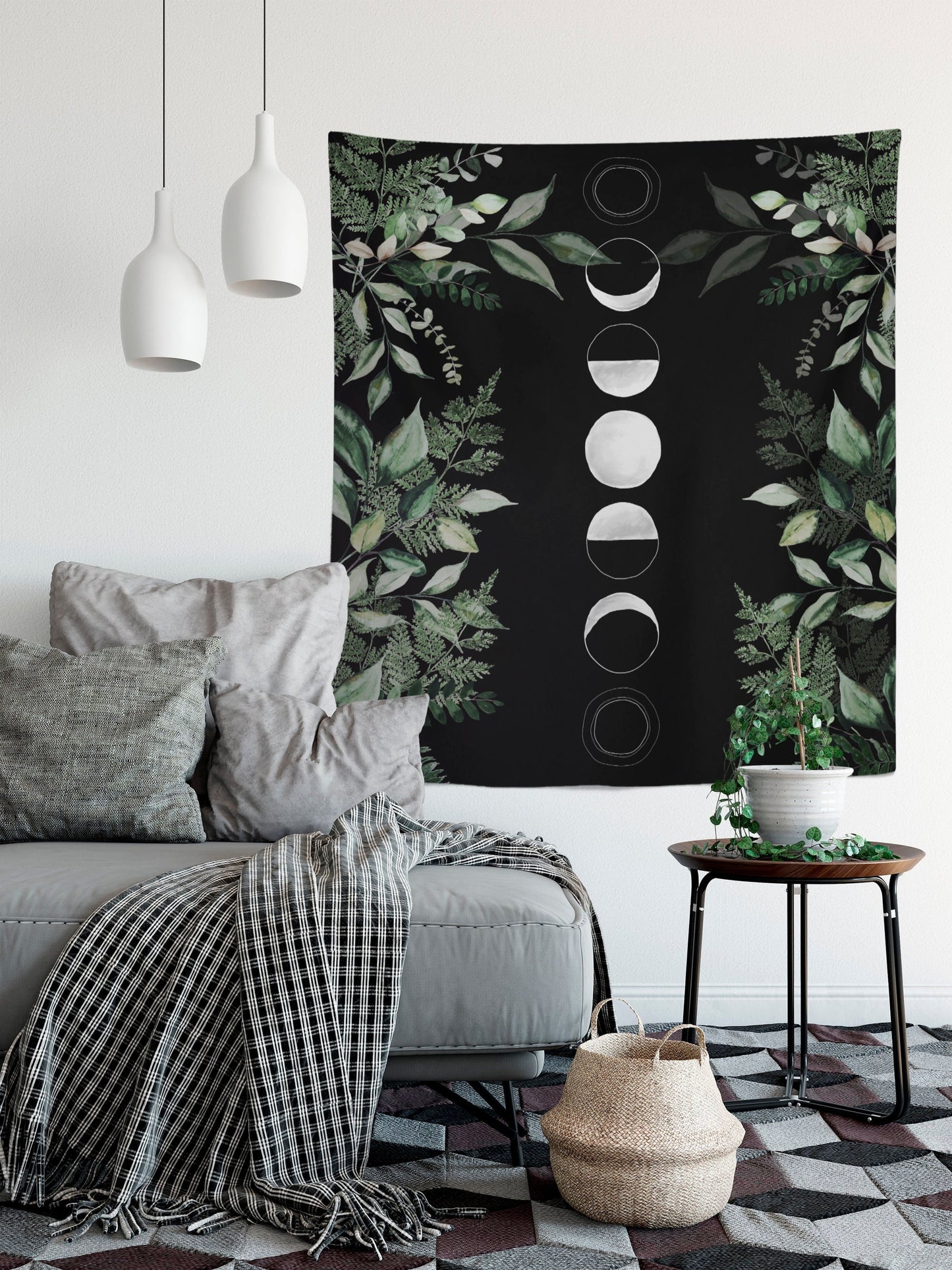 Green Plants and Moon - Eucalyptus Tapestry- Black Background Bohemian Tapestry Wall Hanging by DesignBohemian