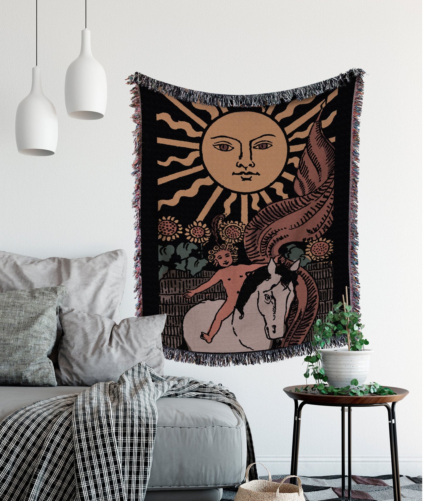 Woven Blanket - The Sun Tarot Card - Dark Colors Rider Waite Deck - Cotton Throw