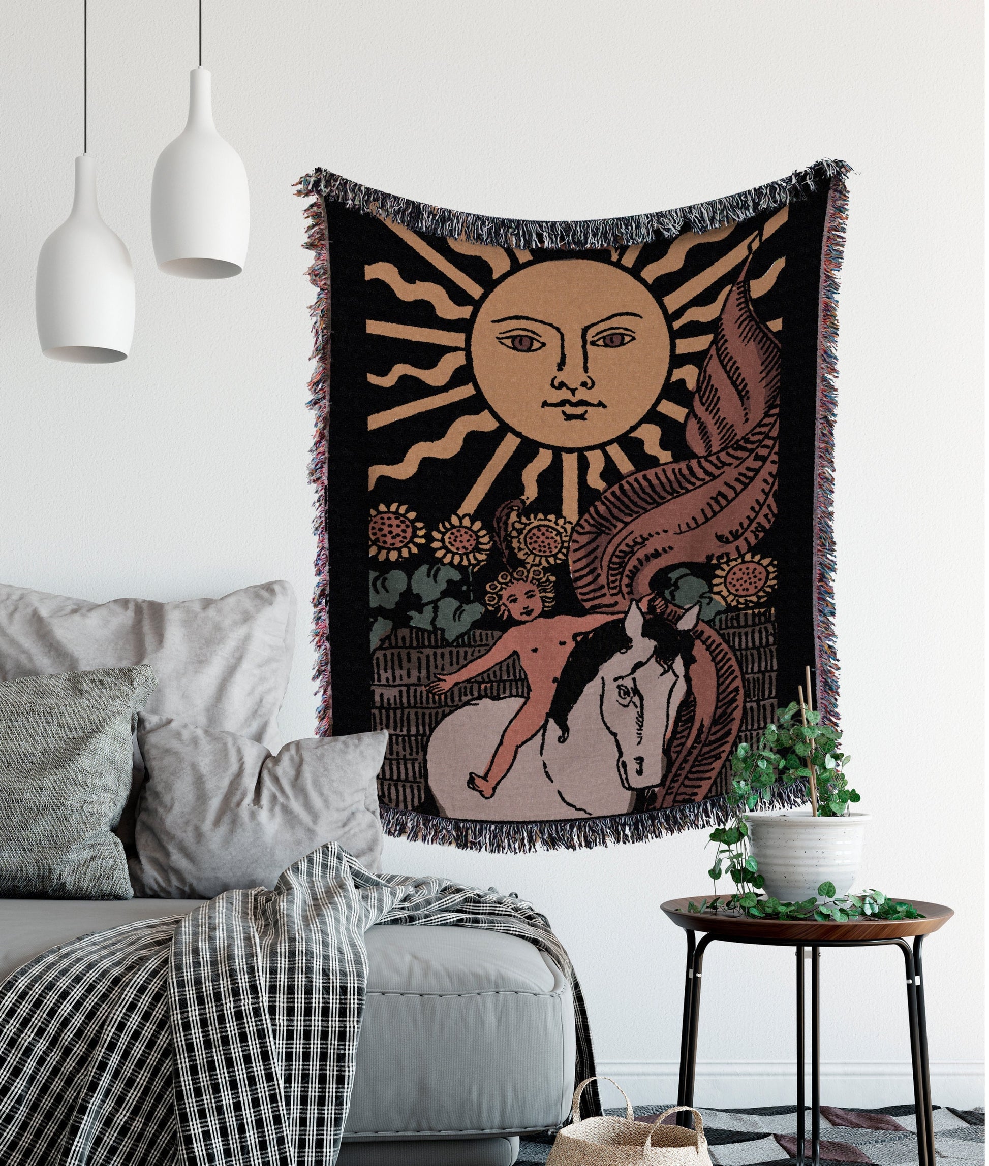 Woven Blanket - The Sun Tarot Card - Dark Colors Rider Waite Deck - Cotton Throw