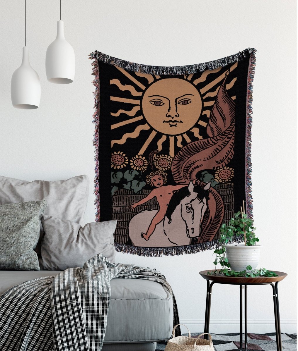 Woven Blanket - The Sun Tarot Card - Dark Colors Rider Waite Deck - Cotton Throw