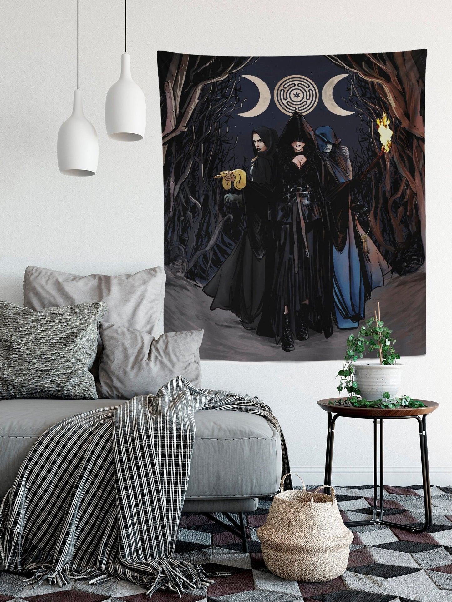 Hecate Moon Goddess Tapestry - Witchy Triple Goddess Wall Decor