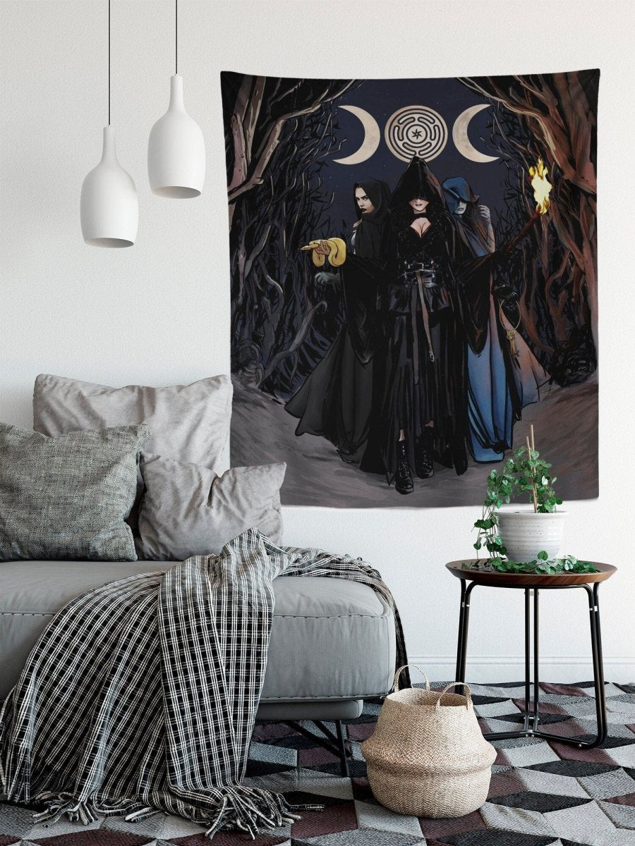 Hecate Moon Goddess Tapestry - Witchy Triple Goddess Wall Decor