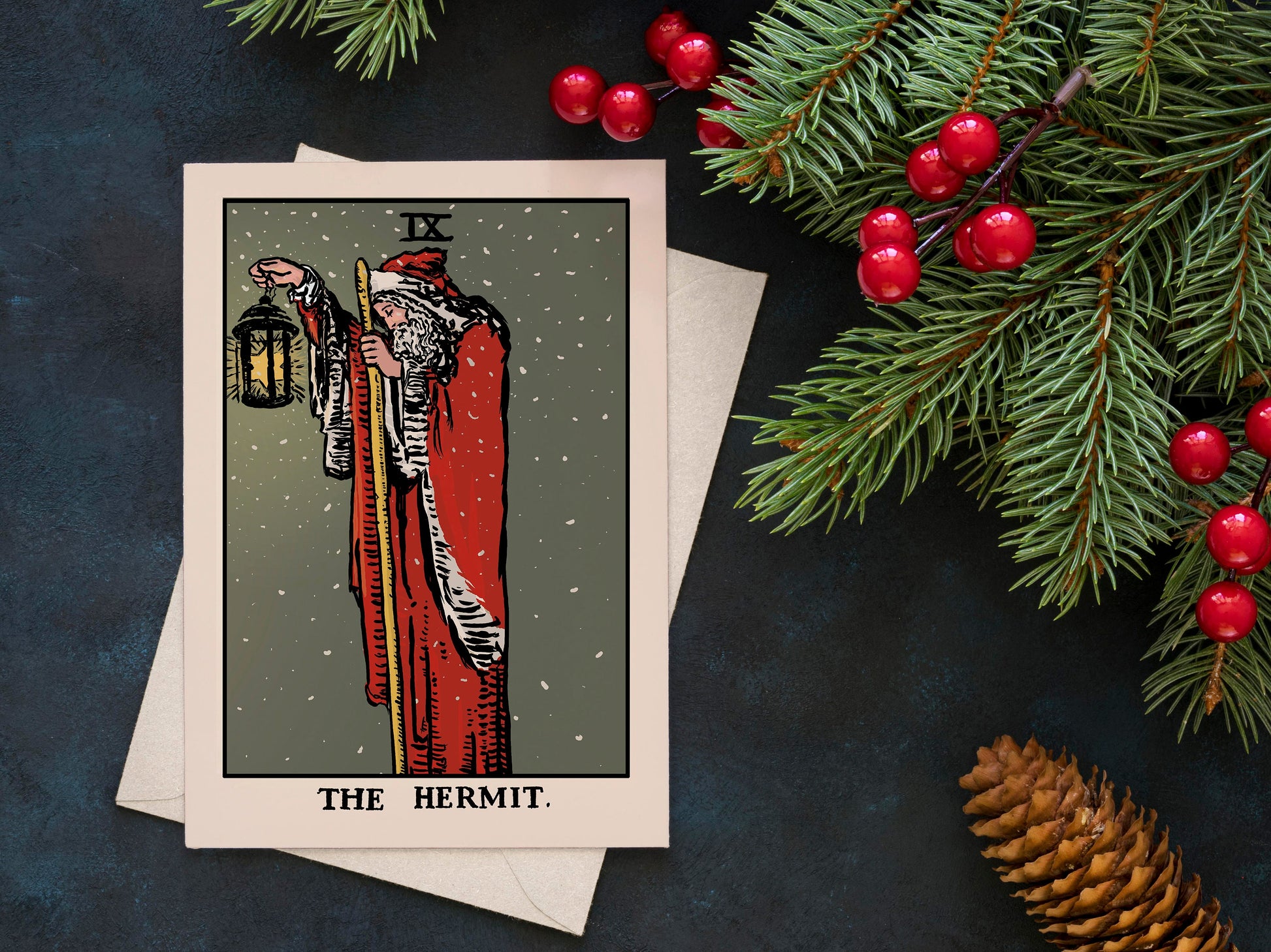 Christmas Cards - Tarot Themed Hermit as Santa Holiday Cards Poster , No Frame