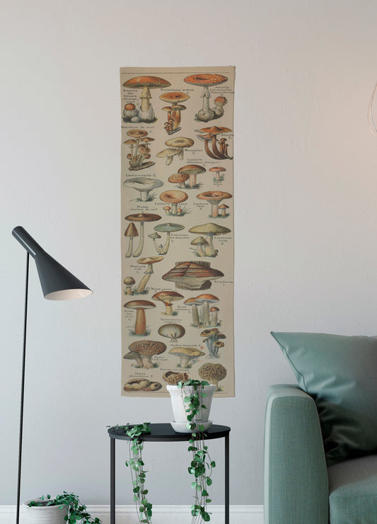 Vintage Mushrooms Long Wall Tapestry - Cotton - Skinny Tapestry - Adolphe Millot - Nouveau Larousse by DesignBohemian