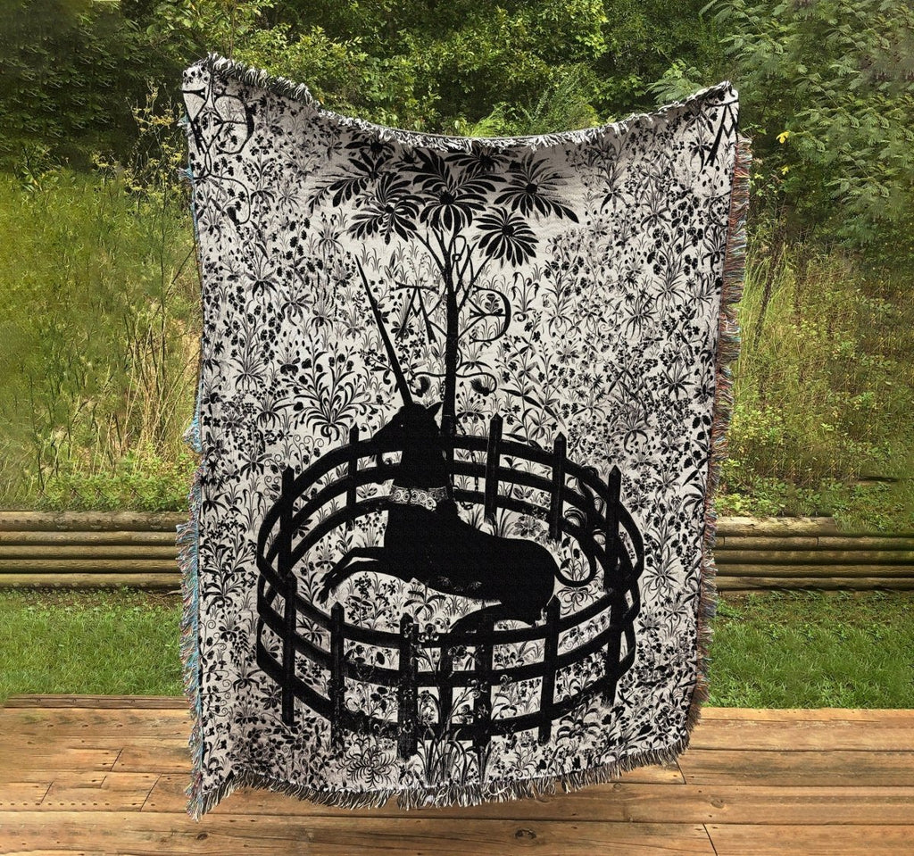 Woven Cotton Blanket - Medieval Black and White Unicorn