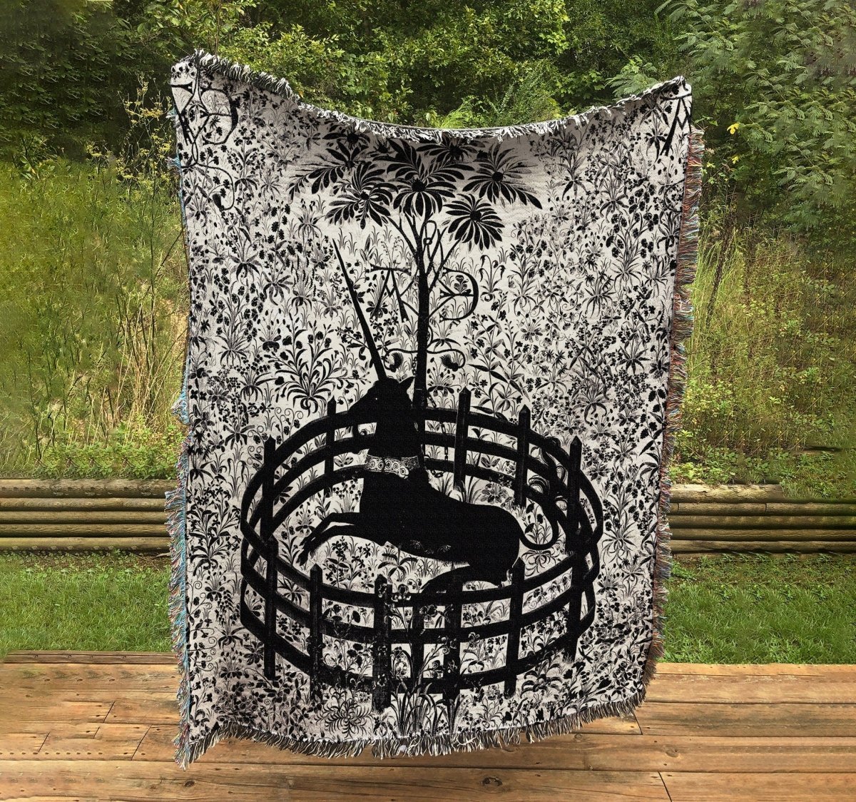 Woven Cotton Blanket - Medieval Black and White Unicorn