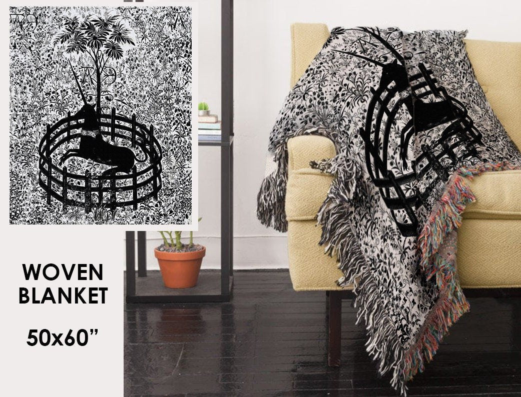 Woven Cotton Blanket - Medieval Black and White Unicorn