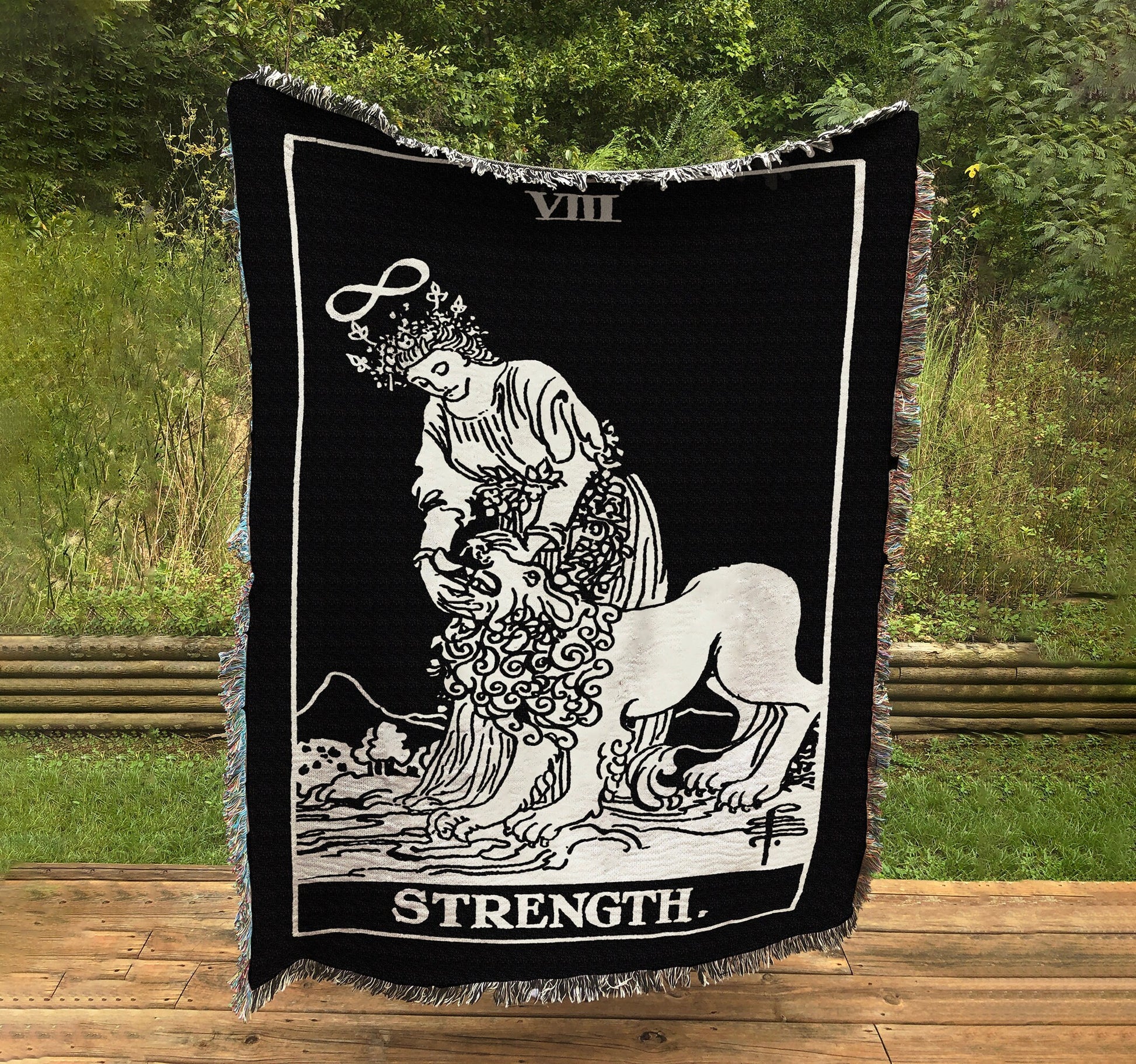Woven Blanket - Strength Tarot Card - Rider Waite Deck 3 Color Black Card - Cotton