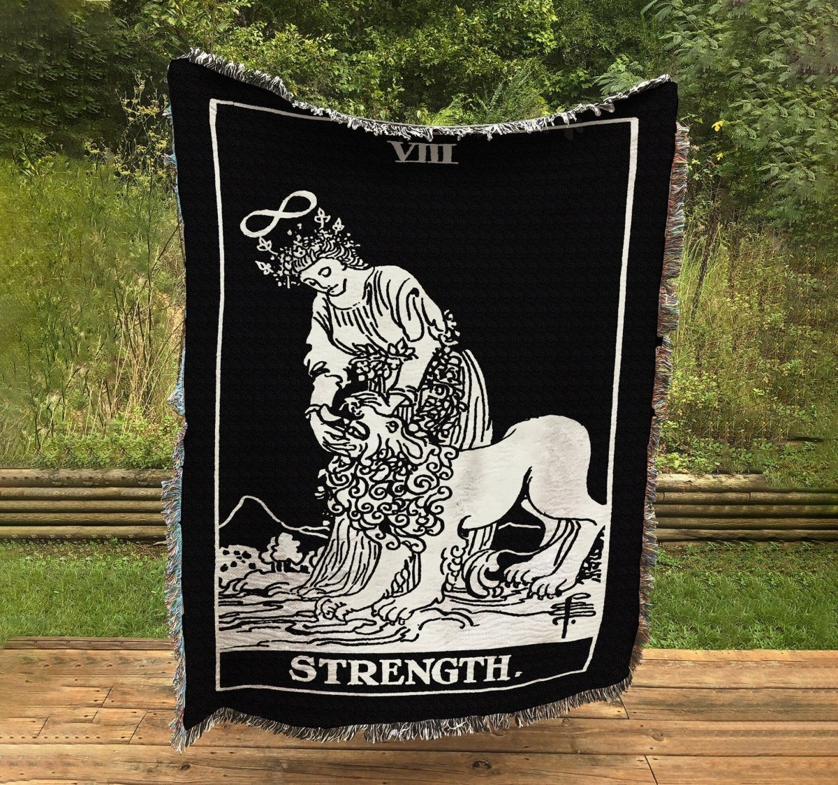 Woven Blanket - Strength Tarot Card - Rider Waite Deck 3 Color Black Card - Cotton