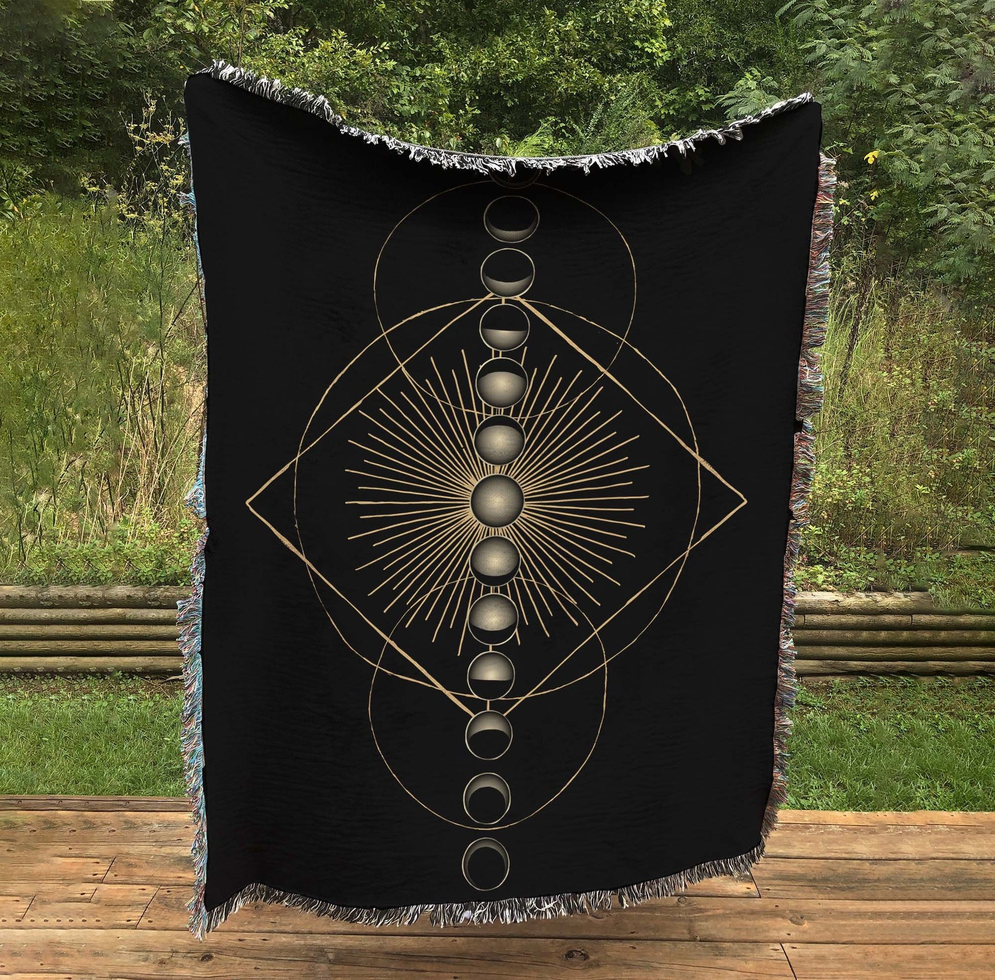 Black and Gold Woven Moon Tapestry - Geometric - Cotton Throw - Jacquard Woven by DesignBohemian
