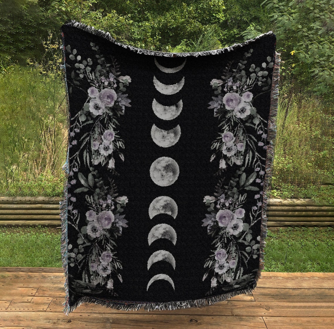 Woven Moon Phase Blanket: Black Floral Cotton Jacquard by DesignBohemian