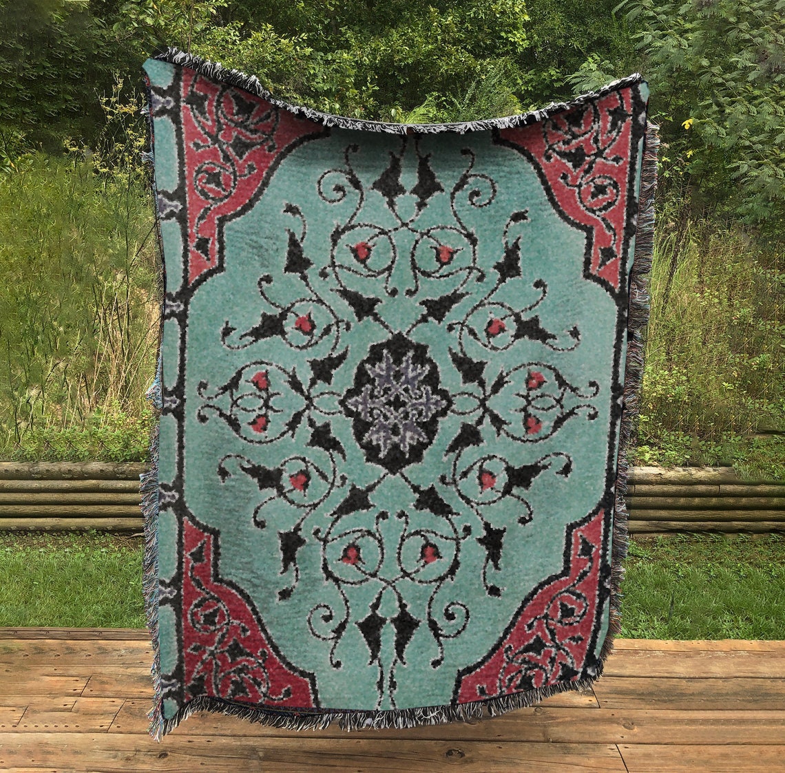 Teal Woven Cotton Blanket: Vintage Bohemian Tapestry Throw by DesignBohemian