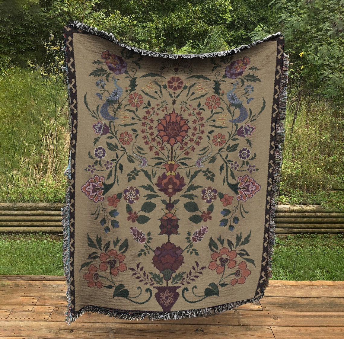 Woven Floral Throw Blanket: Vintage Bohemian Tapestry by DesignBohemian