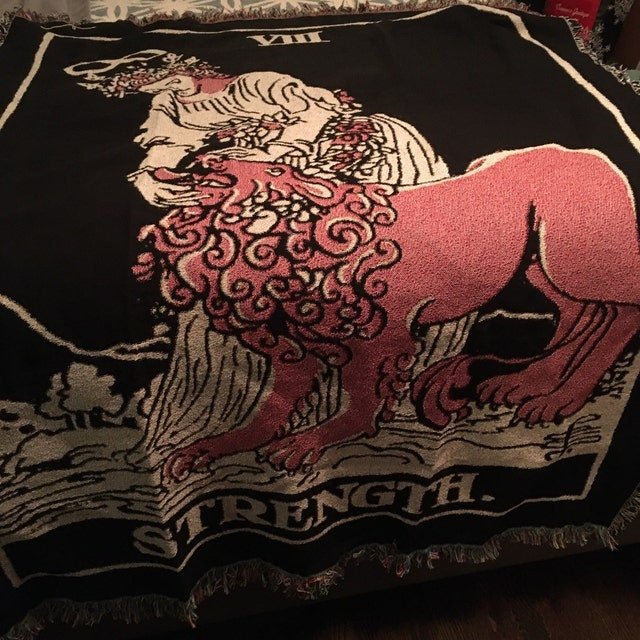 Woven Blanket - Strength Tarot Card - Rider Waite Deck 3 Color Black Card - Cotton
