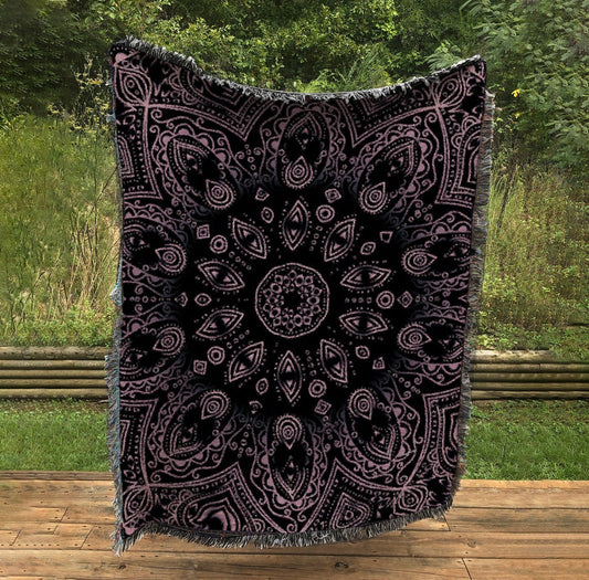 Mandala Woven Blanket: Pink & Black Cotton Tapestry - USA Made by DesignBohemian