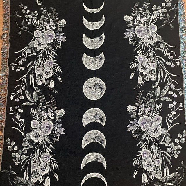 Woven Moon Phase Blanket: Black Floral Cotton Jacquard by DesignBohemian