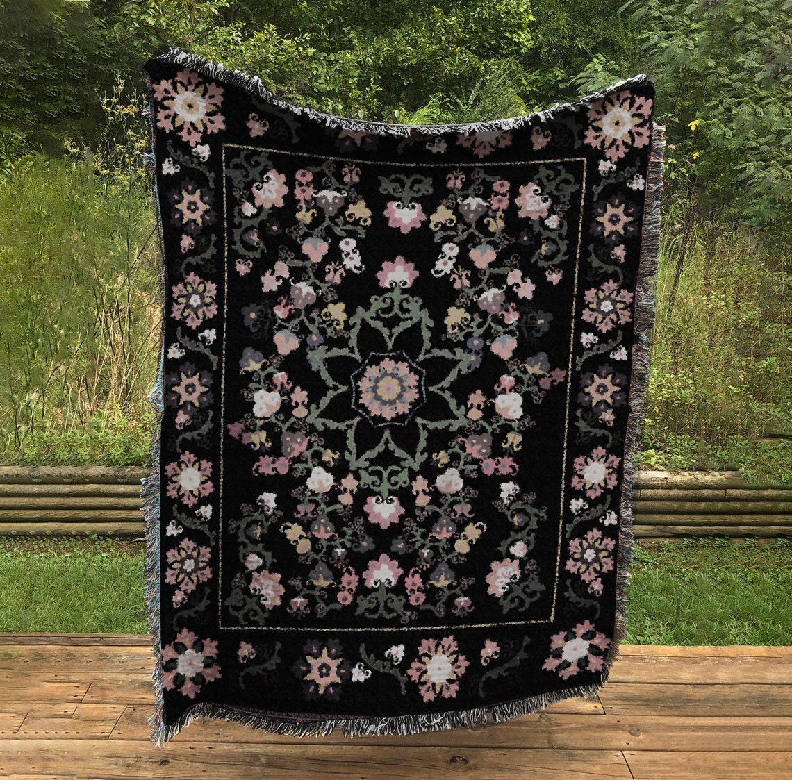 Pink & Black Floral Tapestry Blanket: Woven Bohemian Throw by DesignBohemian