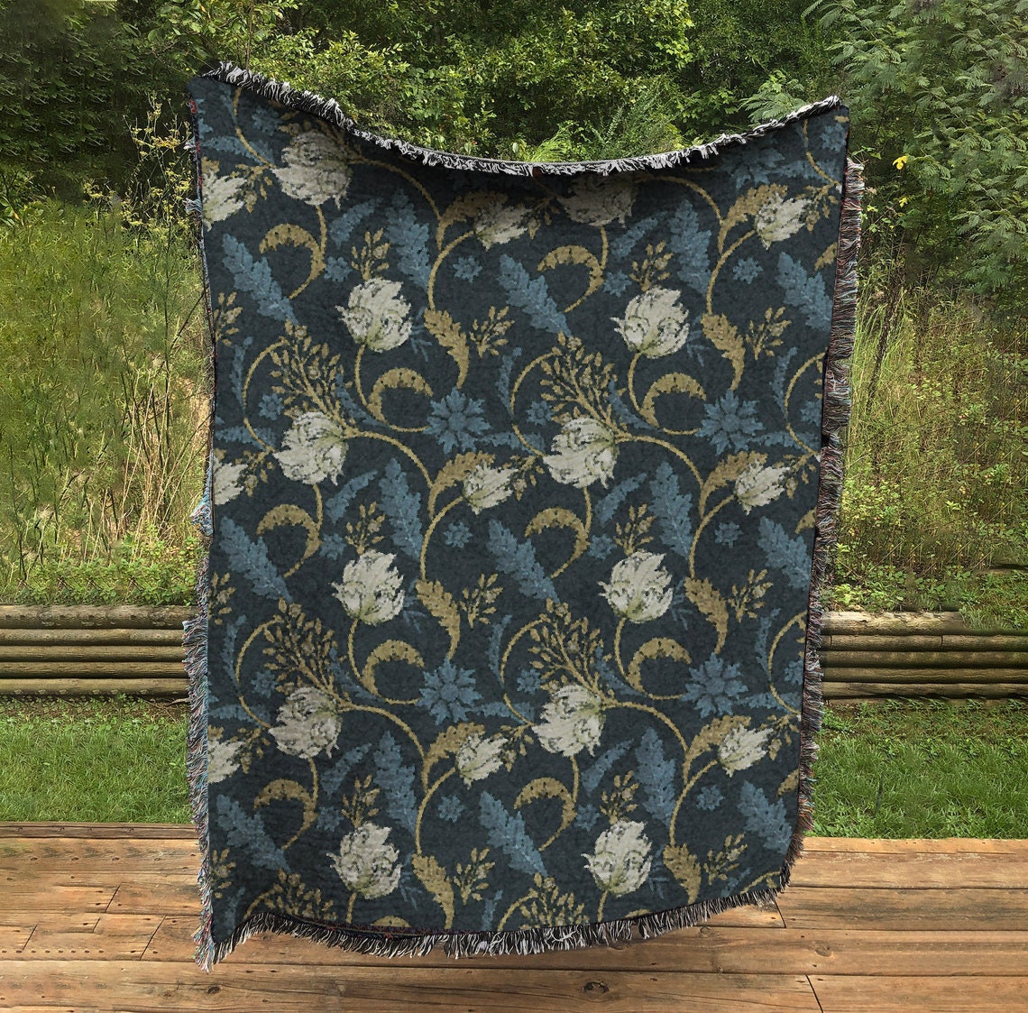 Woven Floral Tapestry Blanket: Blue Green William Morris Style Cotton Throw by DesignBohemian