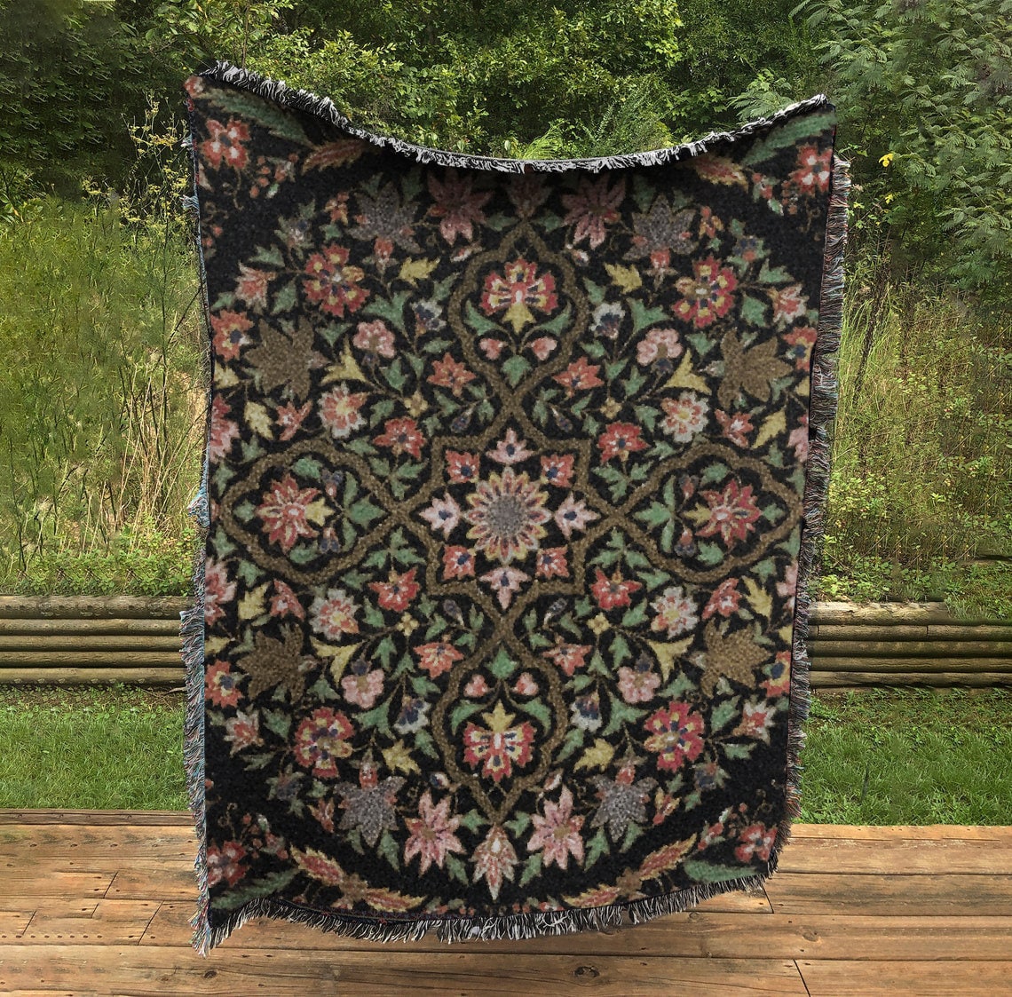 Vintage Bohemian Cotton Throw Blanket: Indian Embroidery, Black Cloth by DesignBohemian