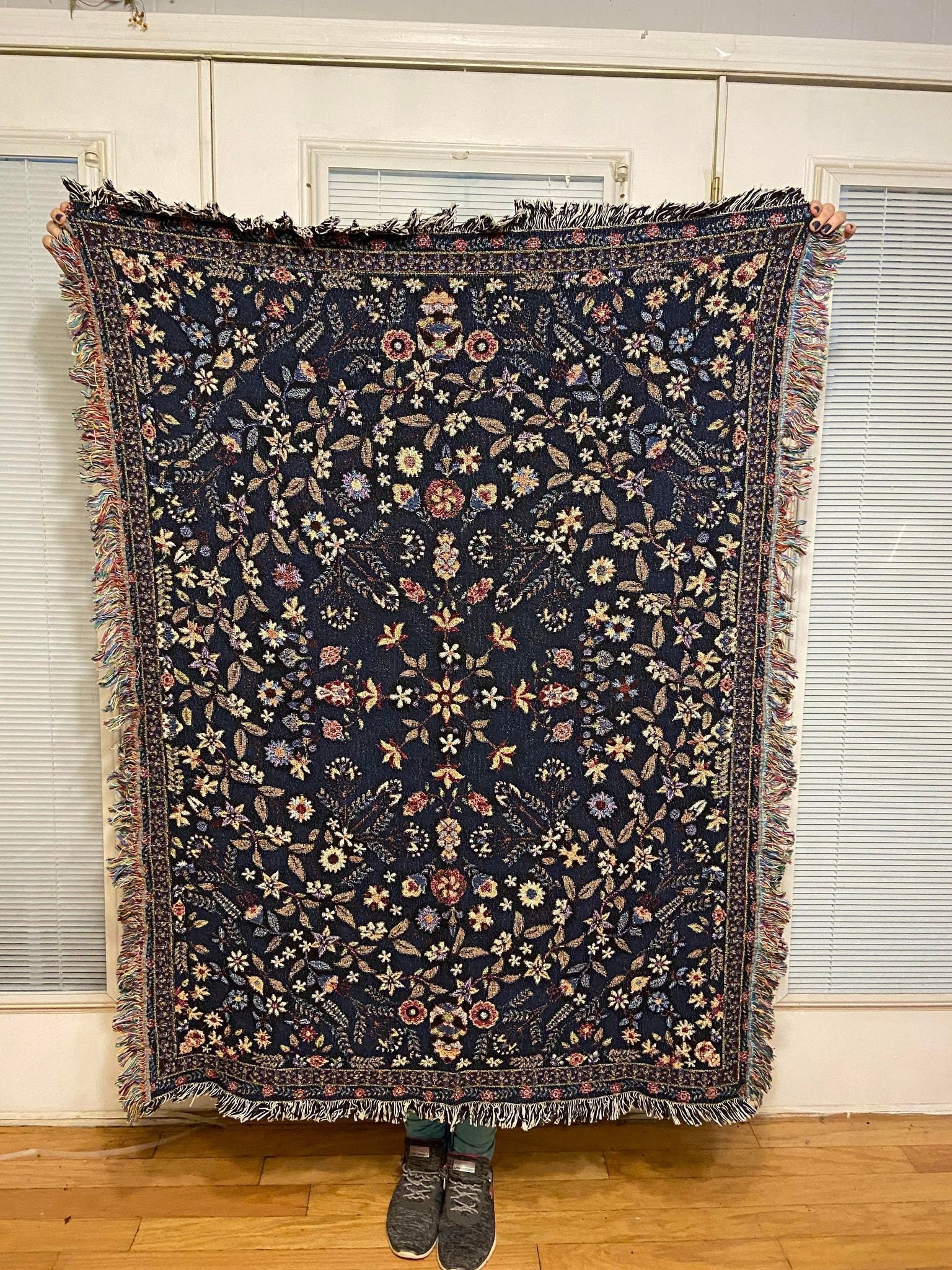 Blue Floral Tapestry Blanket: Woven Cotton Bohemian Throw by DesignBohemian