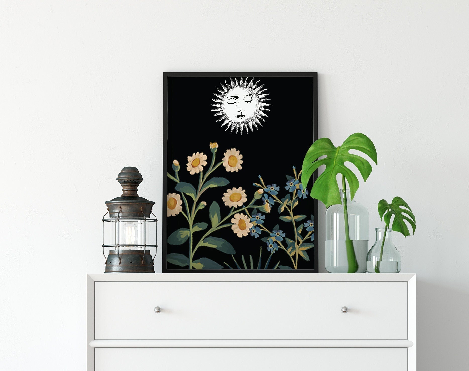 Vintage Sun Print - Flora Poster - Sun Moon Sleeping Print - Medieval Floral