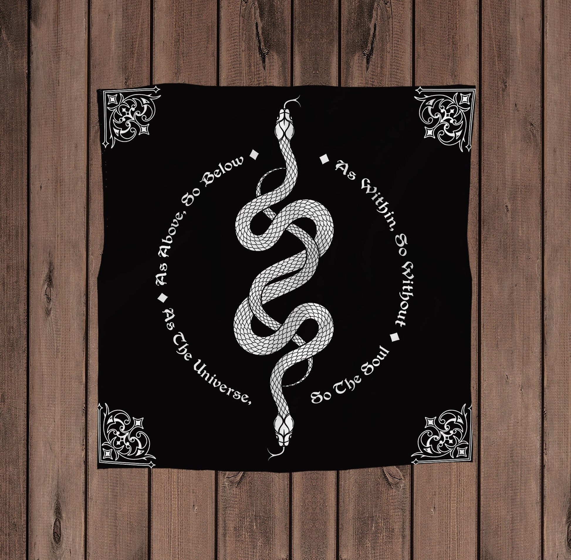 Snake Tarot Altar Cloth: Black and White Cotton 'As Above So Below' by DesignBohemian