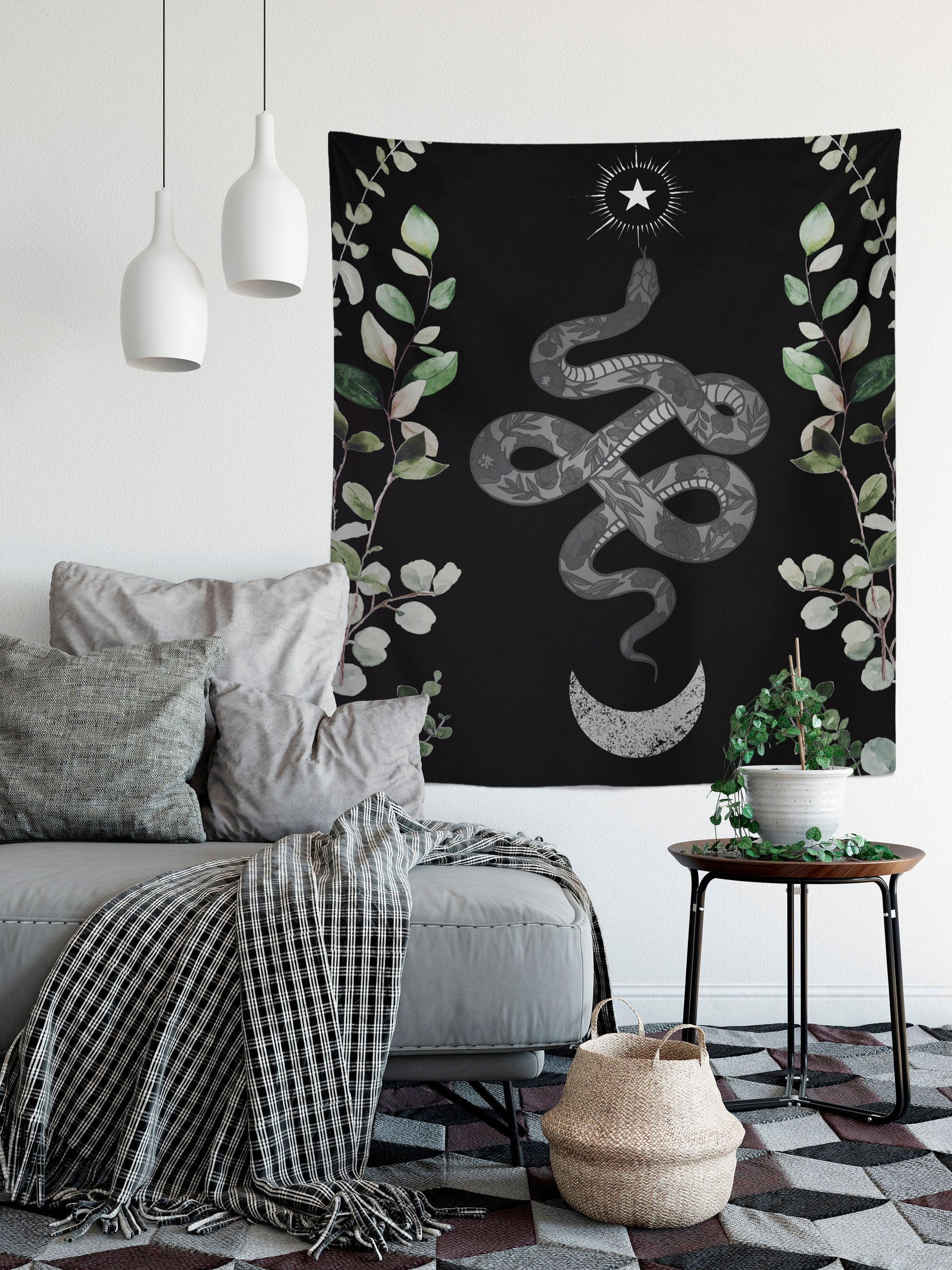 Moon and Snake Tapestry: Black & White Eucalyptus Wall Hanging by DesignBohemian
