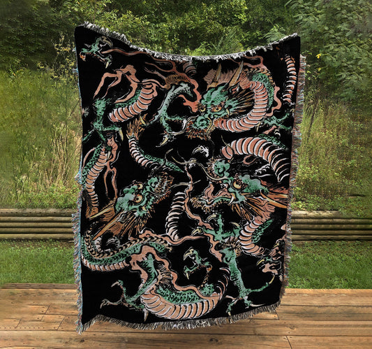 Woven Cotton Blanket - Japanese Dragons
