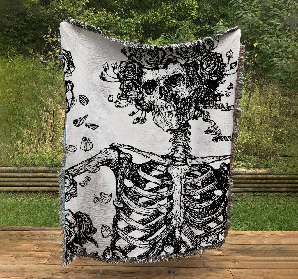 Woven Cotton Blanket - Skeleton and Roses - Edmond J Sullivan