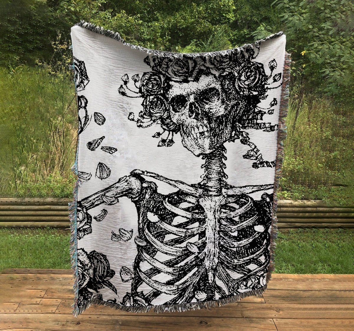 Woven Cotton Blanket - Skeleton and Roses - Edmond J Sullivan
