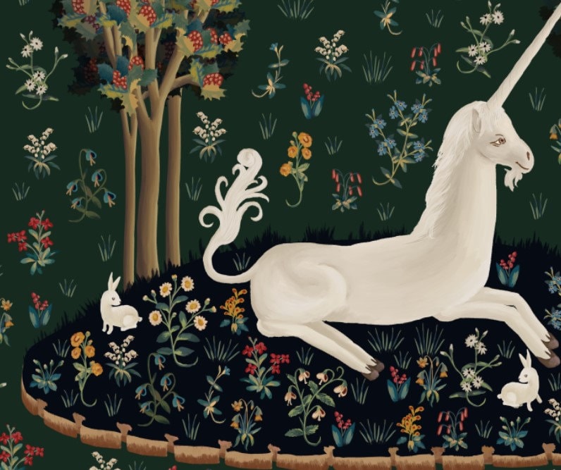 Medieval Unicorn Print - Floral Print - Bunnies Print - Medieval Art - Flora - tapestries style on green background