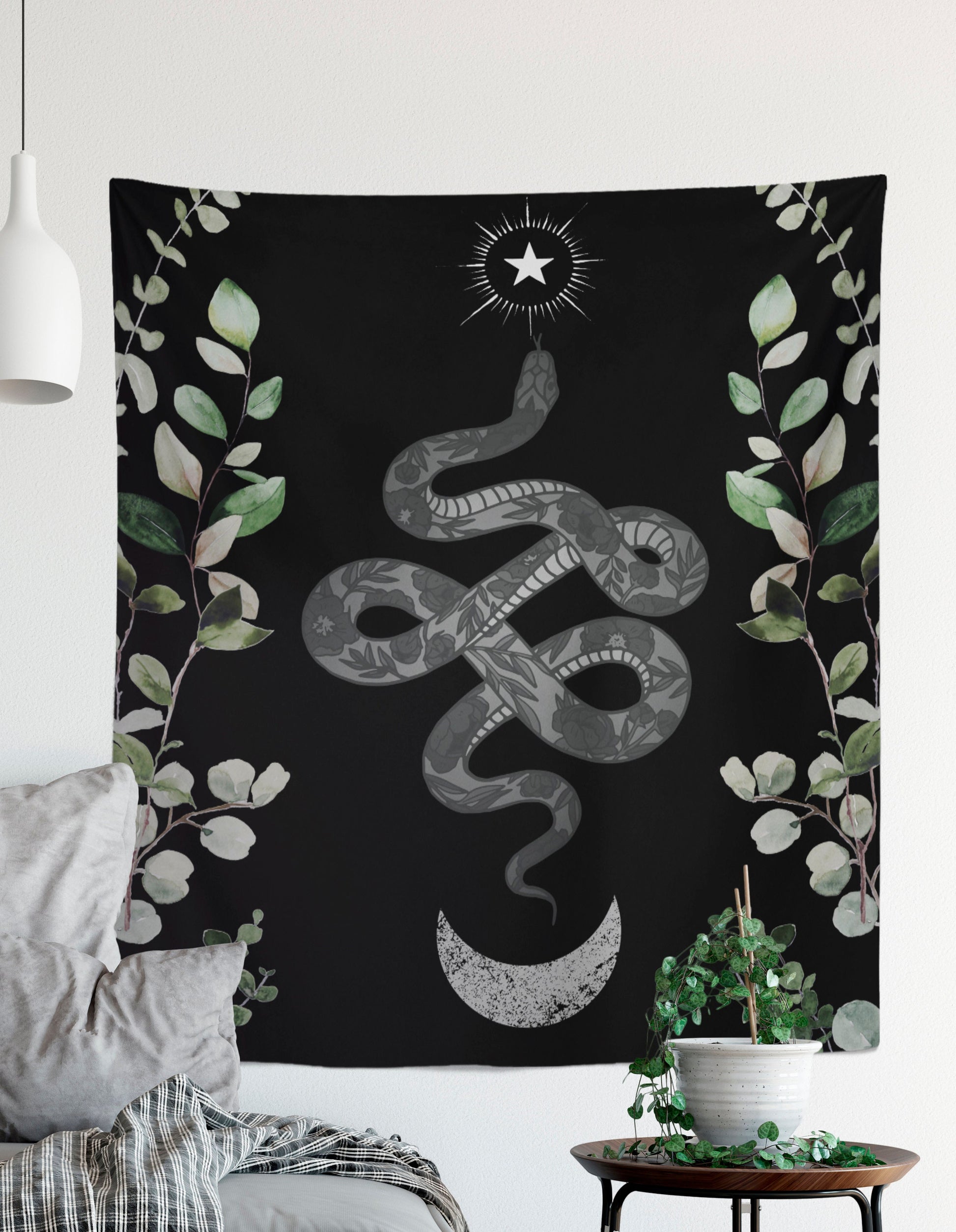 Moon and Snake Tapestry: Black & White Eucalyptus Wall Hanging by DesignBohemian