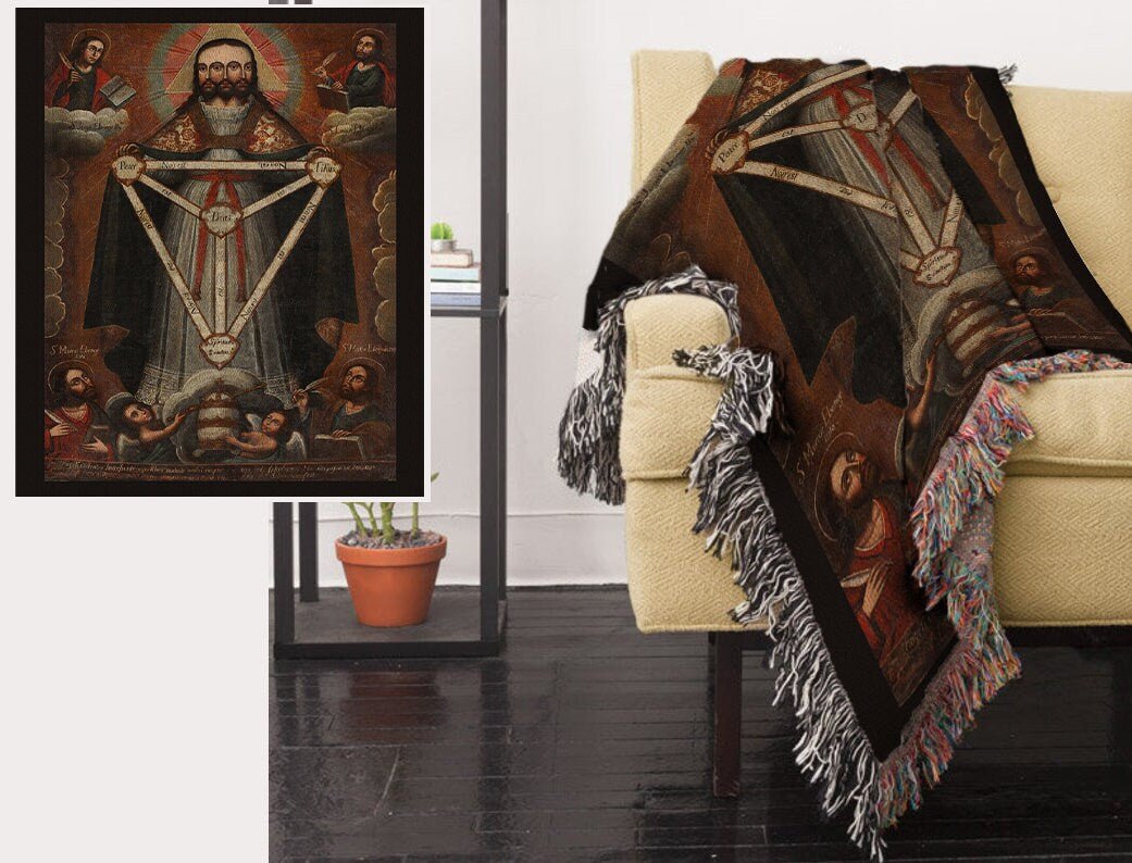 Jesus and the Trifacial Trinity Woven Throw Blanket Tapestry