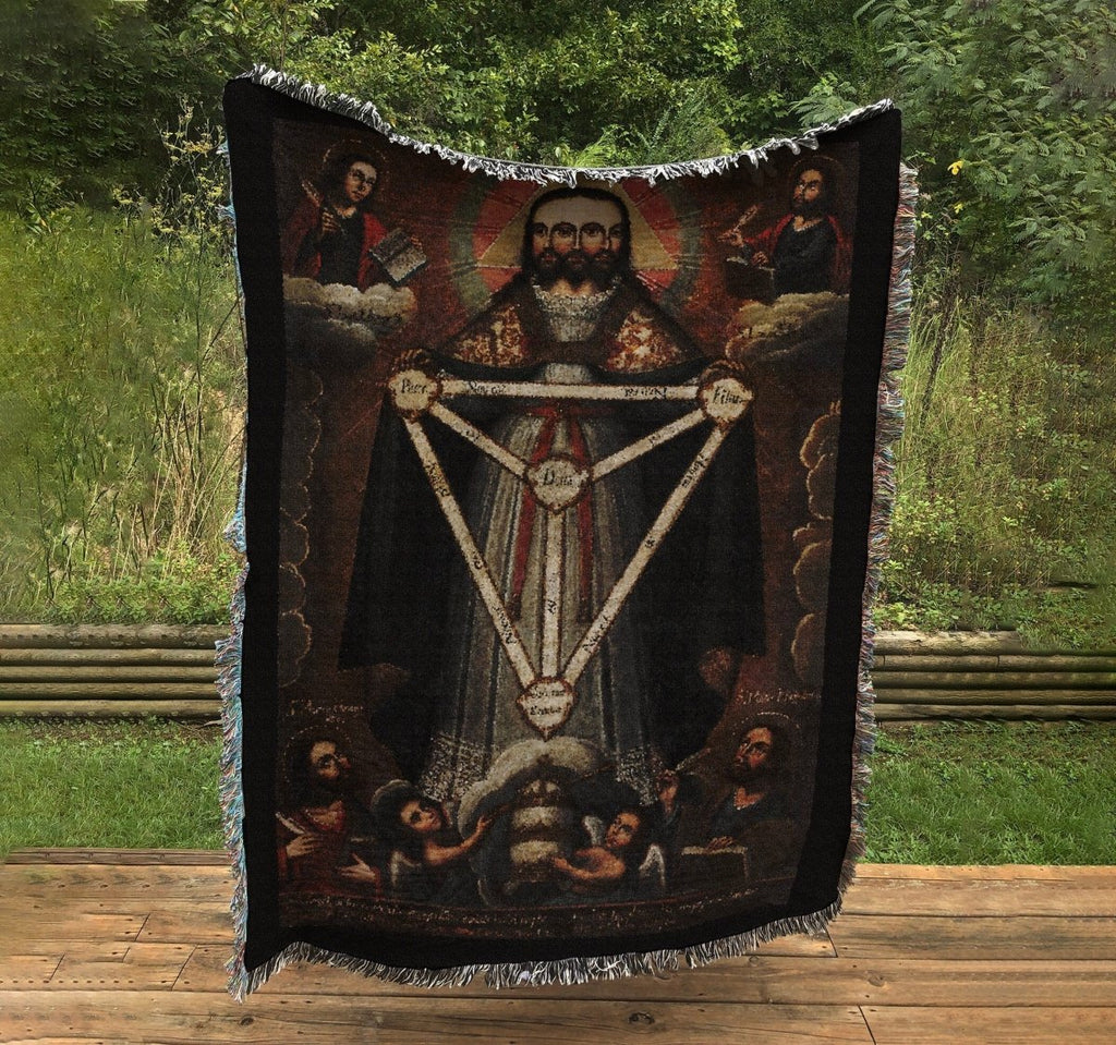 Jesus and the Trifacial Trinity Woven Throw Blanket Tapestry