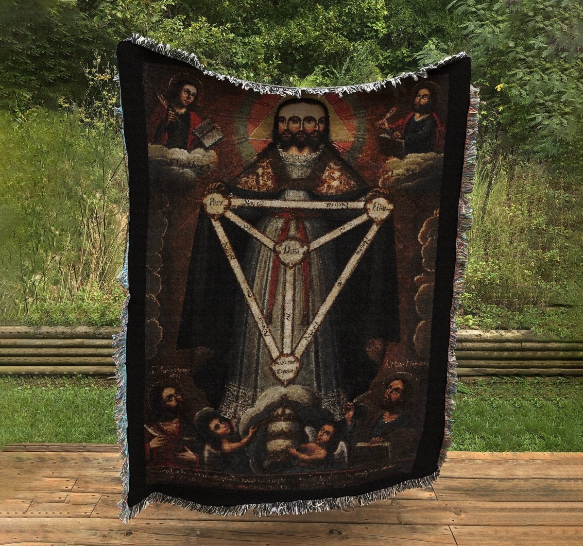 Jesus and the Trifacial Trinity Woven Throw Blanket Tapestry
